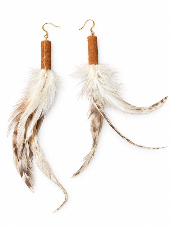 Jewelry - Natural Feather & Genuine Leather Extra-Long Earrings – Gold-Plated Hooks